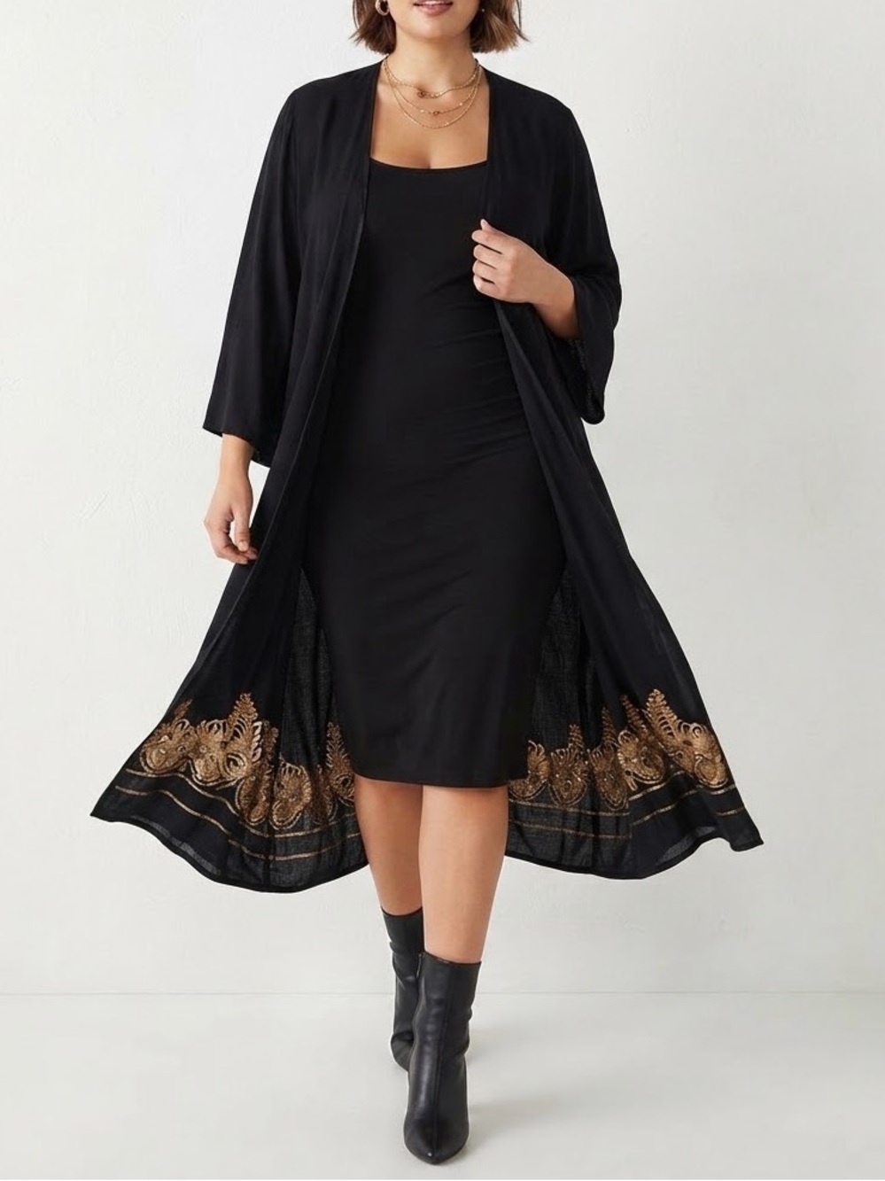 torrid black and gold dress | Dresses | Torrid Maxi Kimono With Embroidered Hem plus size elegant black and gold dress